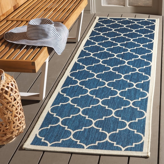 Safavieh Courtyard Alyssa Geometric Indoor/Outdoor Runner Rug, Navy/Beige, 2'3" x 22'