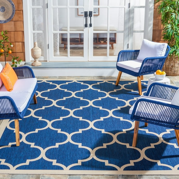 SAFAVIEH Courtyard Alyssa Geometric Indoor/Outdoor Runner Rug, Navy/Beige, 2'3" x 8'
