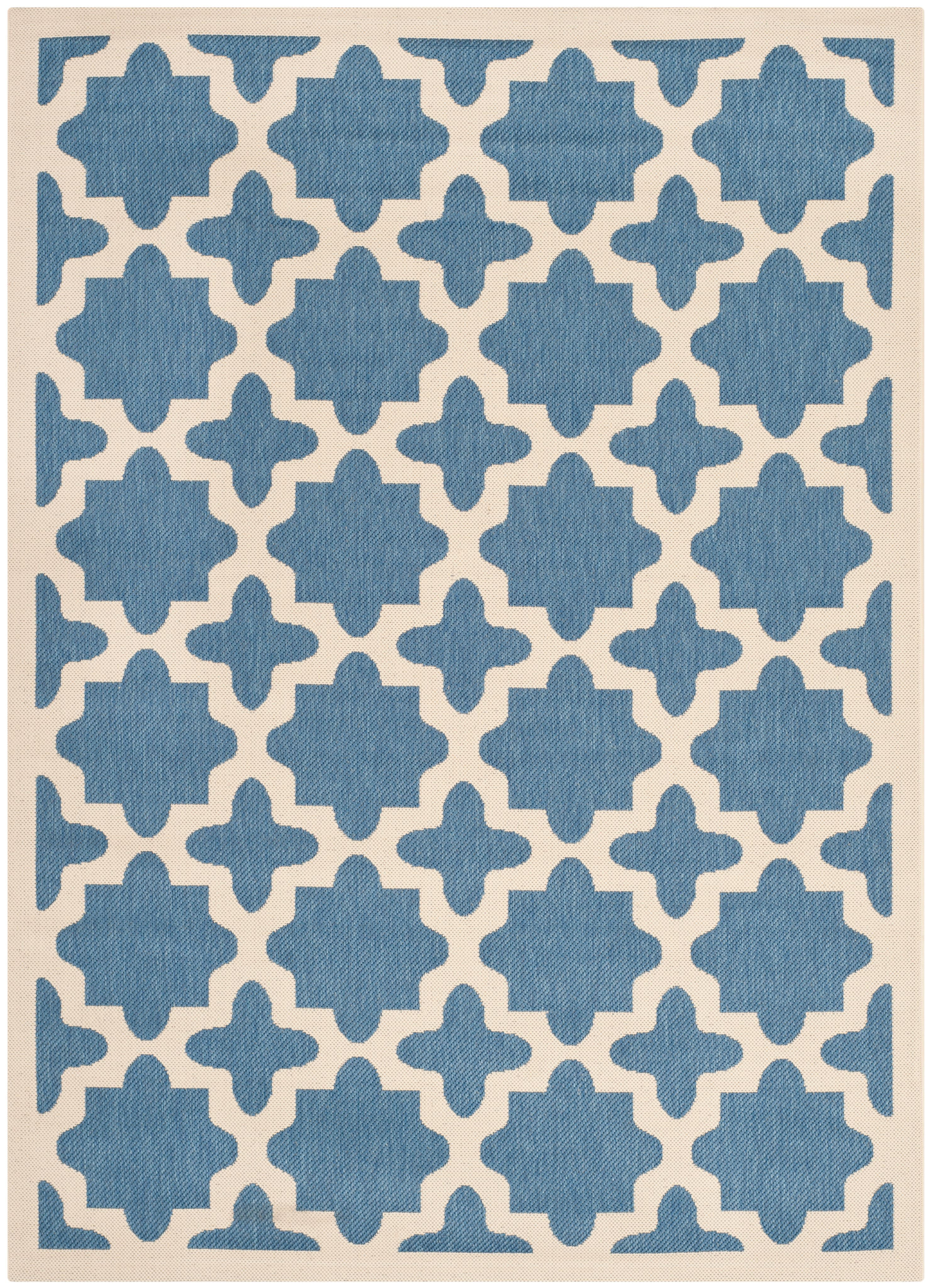 Blue and Beige Synthetic 79" Rectangular Indoor/Outdoor Rug