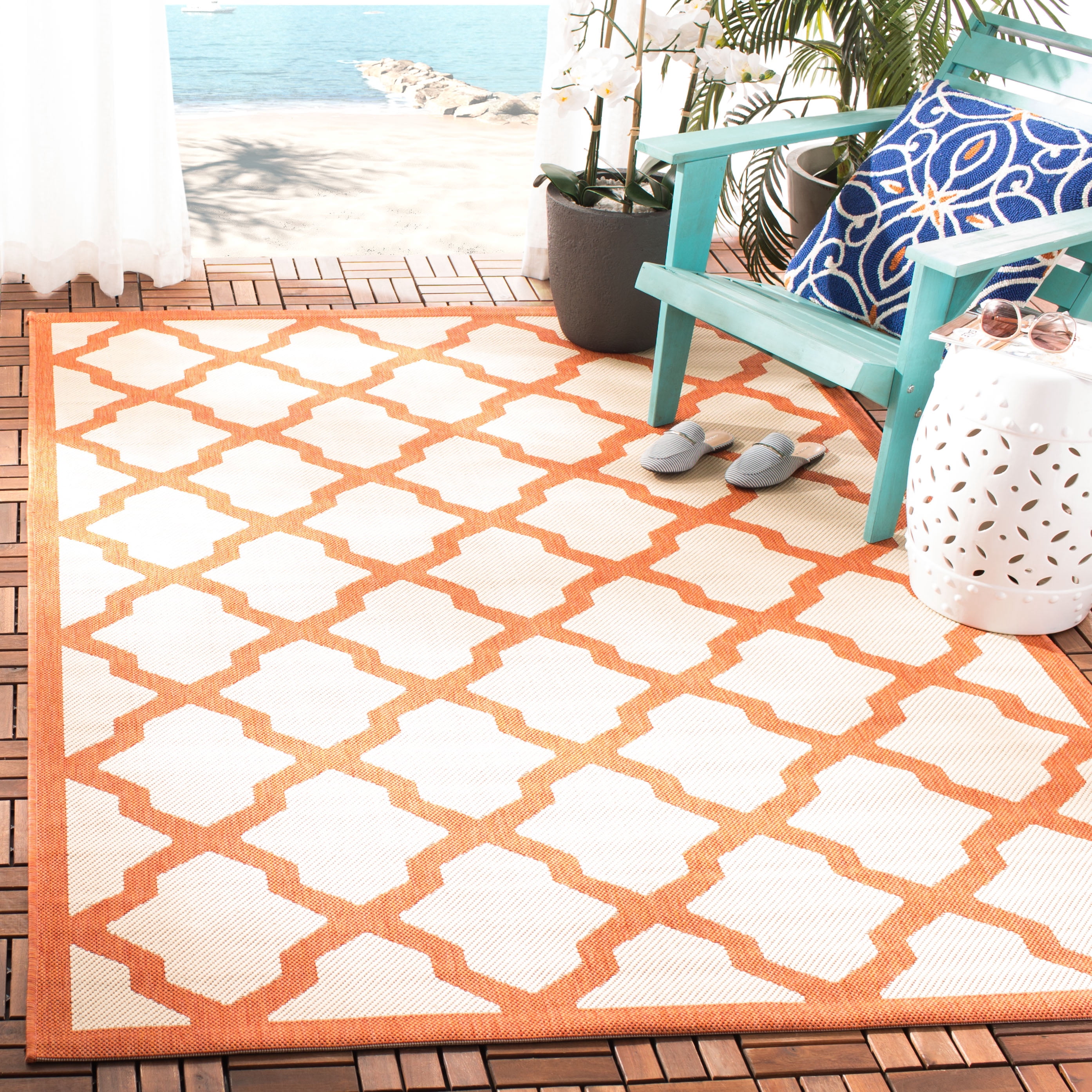 Safavieh Courtyard Amber Geometric Indoor/Outdoor Area Rug, Beige/Terracotta, 6'7" x 9'6"