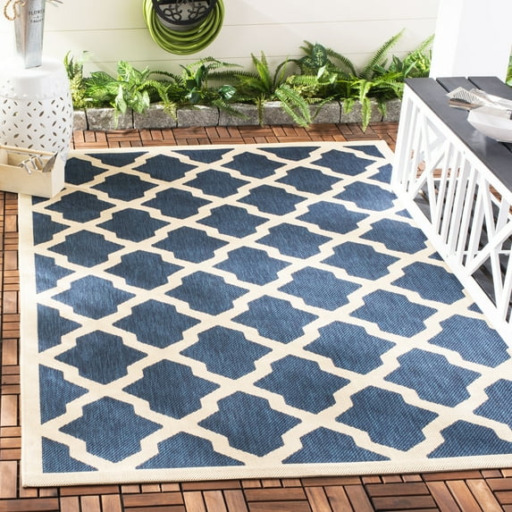 Safavieh Courtyard Amber Geometric Indoor/Outdoor Area Rug, Navy/Beige, 4' x 5'7"