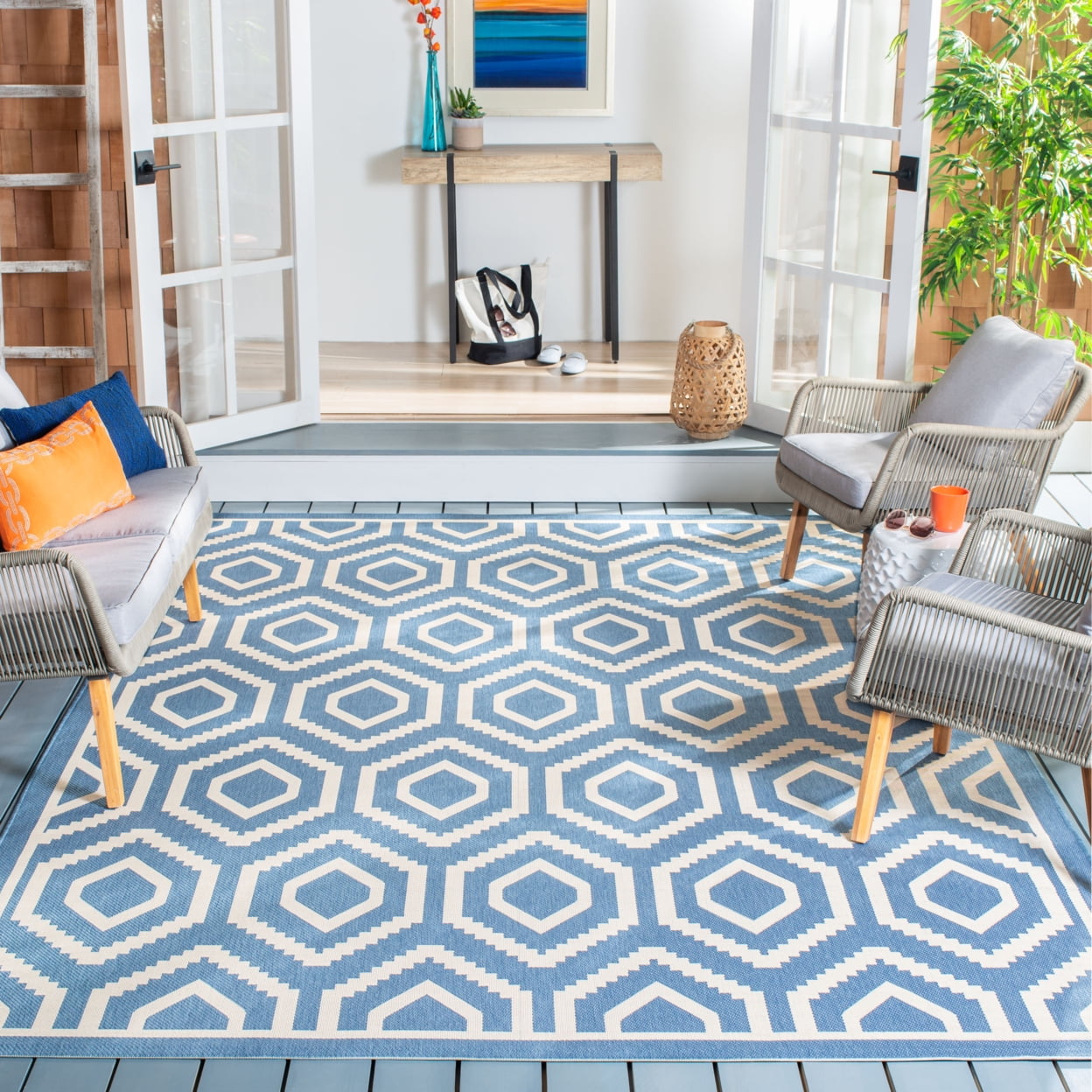 Large Blue and Beige Geometric Synthetic Area Rug