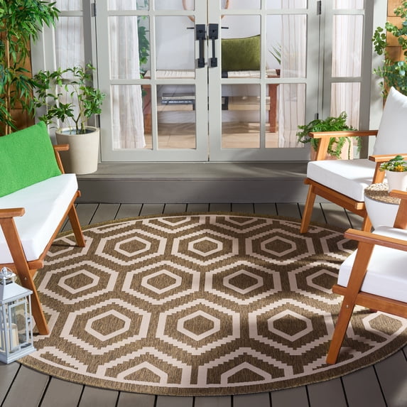 Safavieh Courtyard Amelia Geometric Indoor/Outdoor Area Rug, Brown/Bone, 7'10" x 7'10" Round