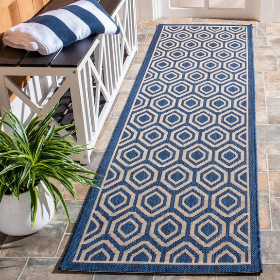 Safavieh Courtyard Amelia Geometric Indoor/Outdoor Runner Rug, Navy/Beige, 2'3" x 10'