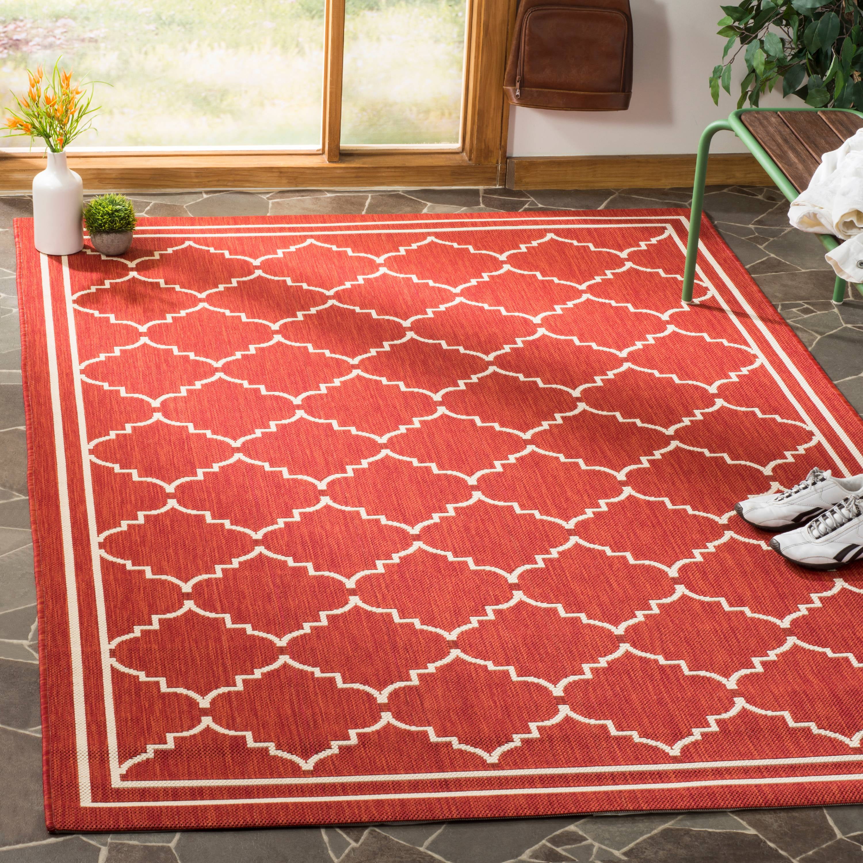 Red & Beige Square Synthetic Easy-Care Indoor/Outdoor Rug