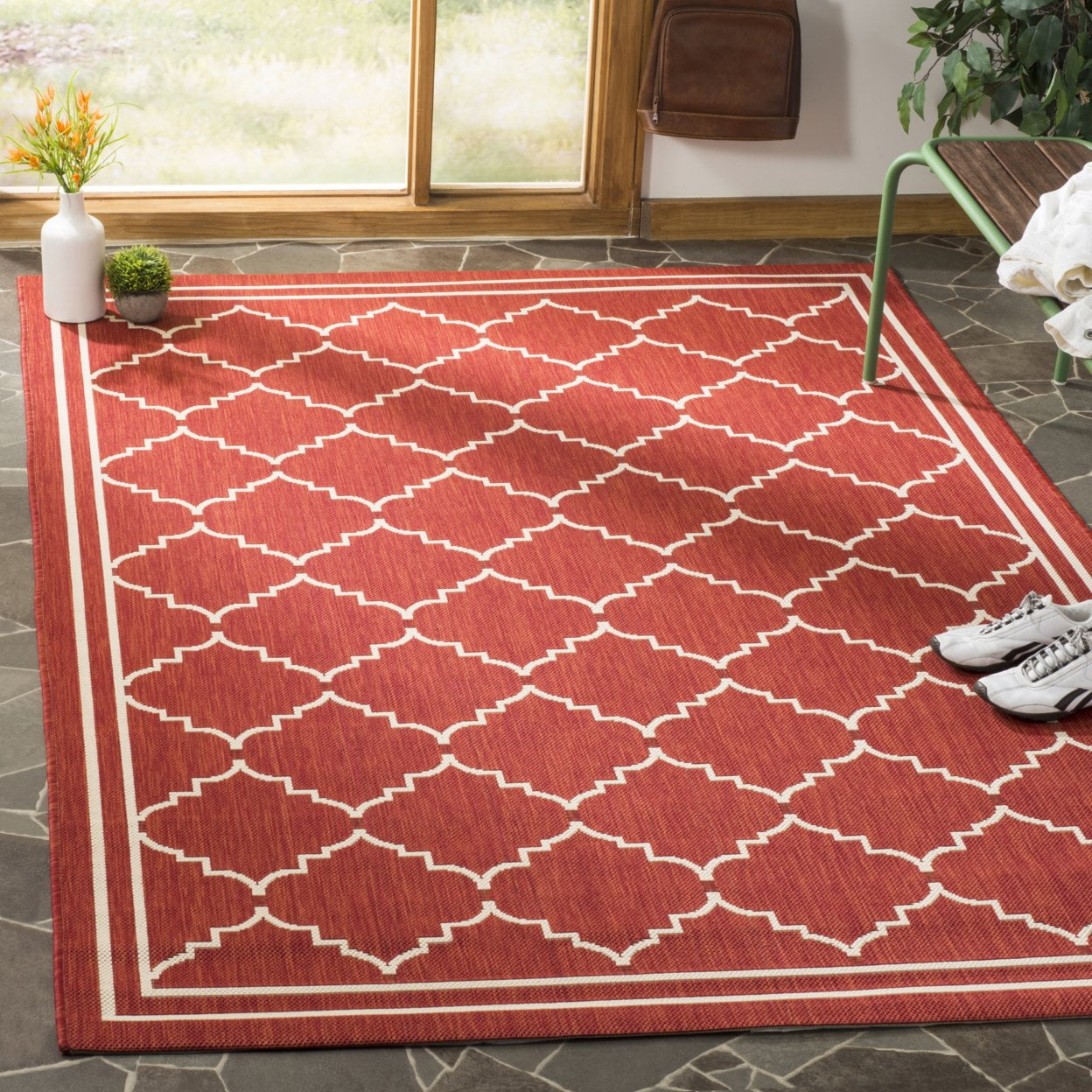 Courtyard 9' x 12' Red and Beige Synthetic Indoor/Outdoor Rug