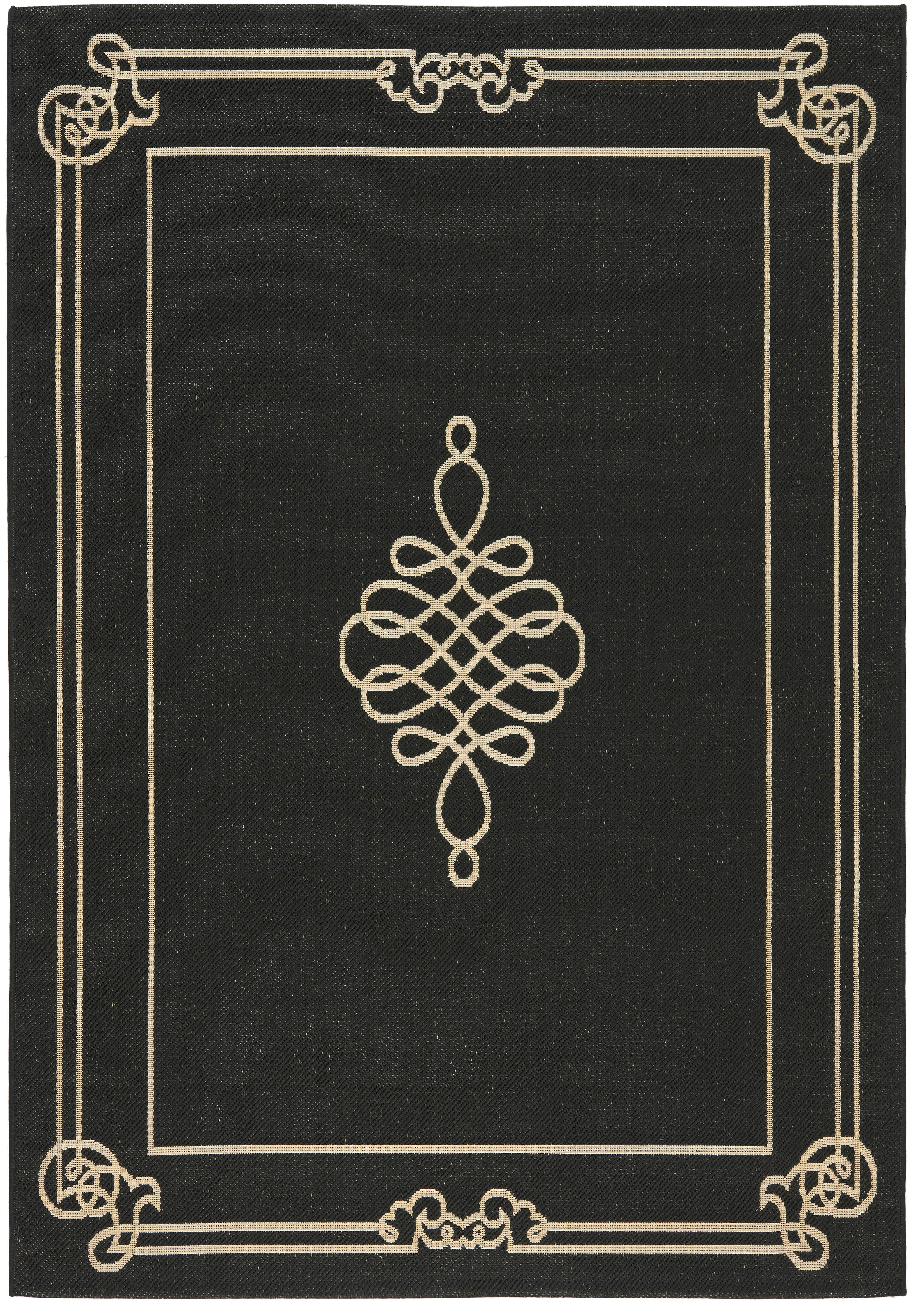 Black and Cream Rectangular Synthetic Indoor/Outdoor Rug