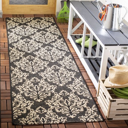 Safavieh Courtyard Anna Damask Indoor/Outdoor Runner Rug, Black/Creme, 2'3" x 8'