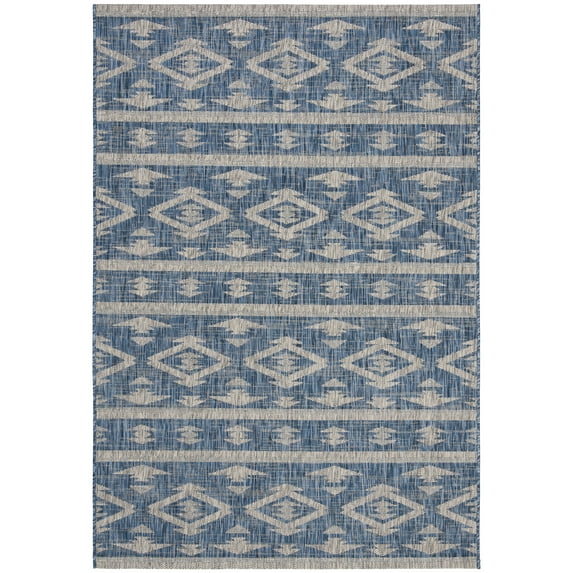 SAFAVIEH Courtyard April Geometric Indoor/Outdoor Area Rug, Navy/Grey, 4' x 5'7"