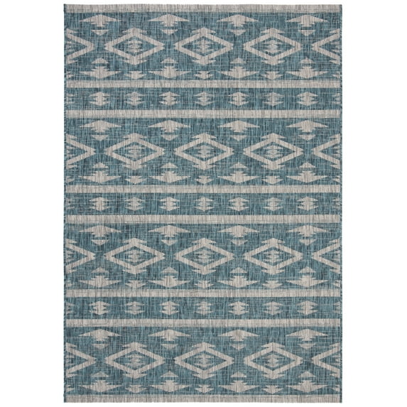 SAFAVIEH Courtyard April Geometric Indoor/Outdoor Area Rug, Teal/Grey, 9' x 12'