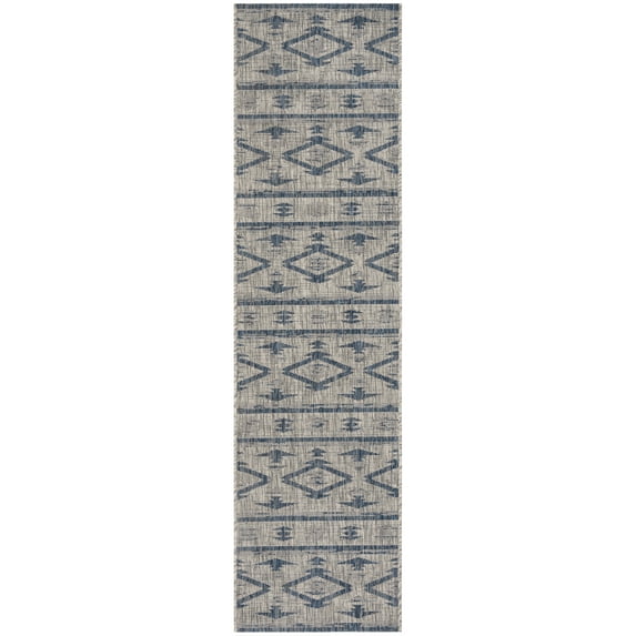 SAFAVIEH Courtyard April Geometric Indoor/Outdoor Runner Rug, Grey/Navy, 2'3" x 10'