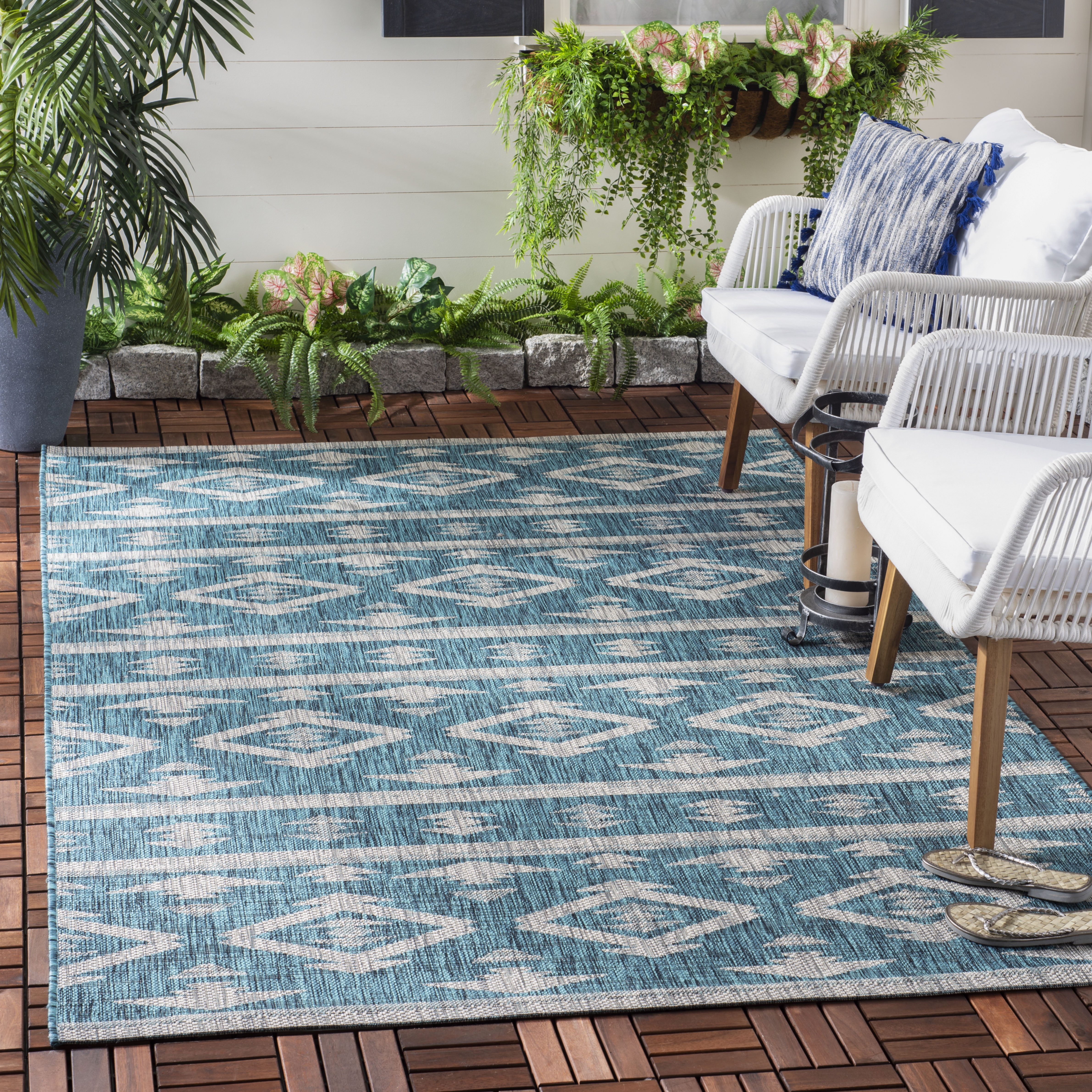 Square Easy-Care Teal & Grey Synthetic Outdoor Rug - 6'7"