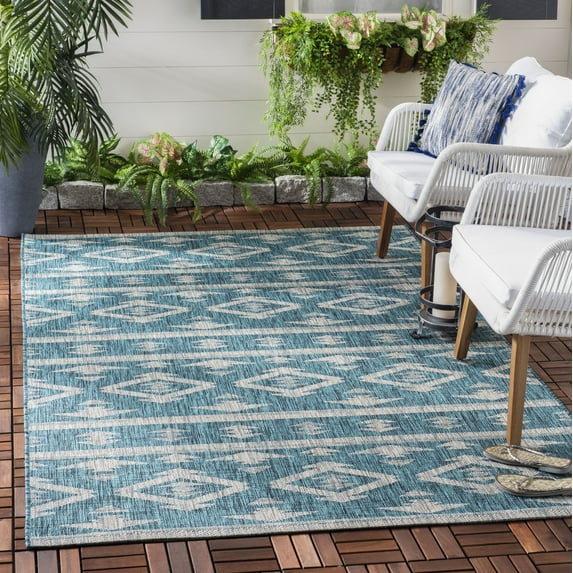 SAFAVIEH Courtyard April Southwestern Indoor/Outdoor Area Rug, 6'7" x 6'7" Square, Teal/Grey