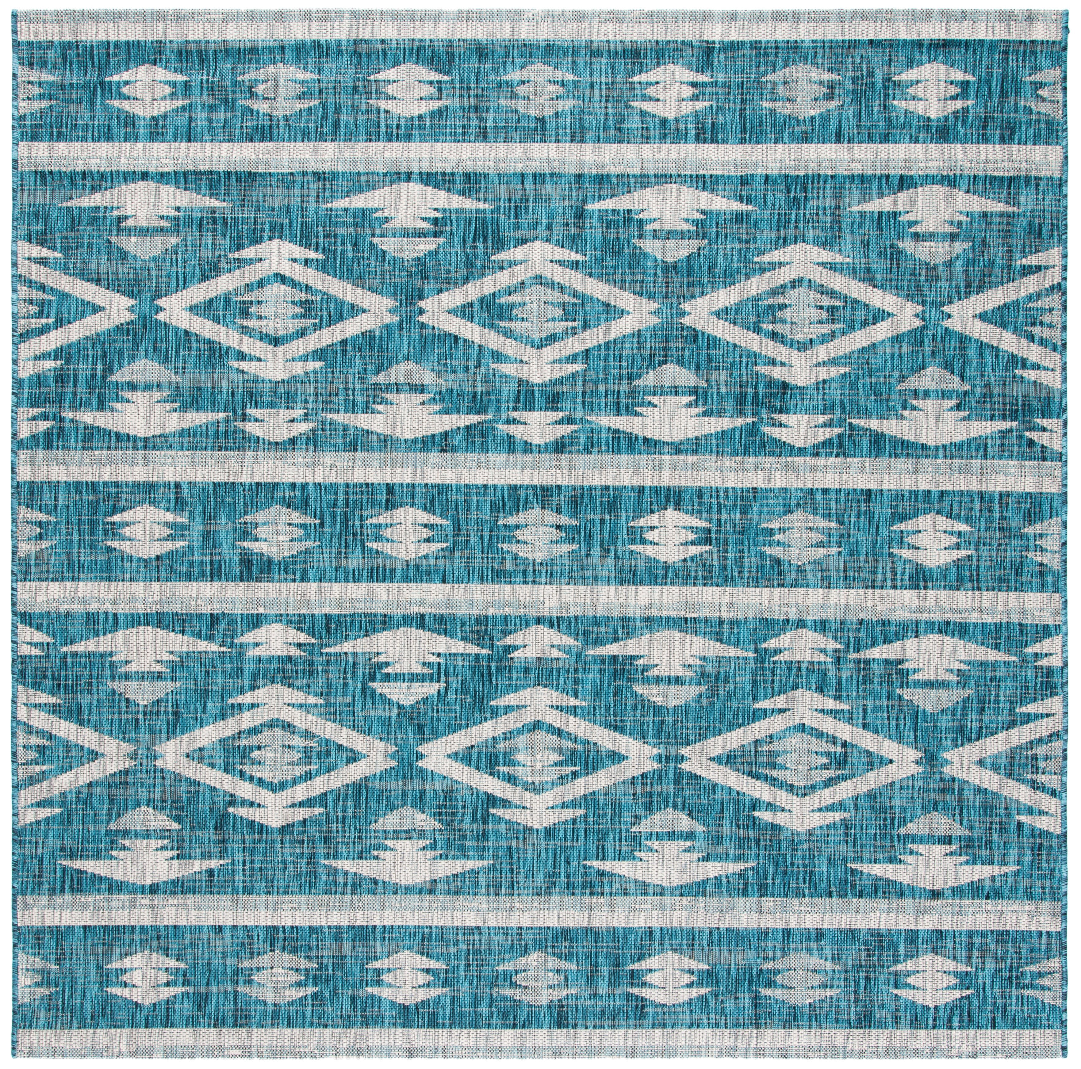 SAFAVIEH Courtyard April Southwestern Indoor/Outdoor Area Rug, 6'7" x 6'7" Square, Teal/Grey