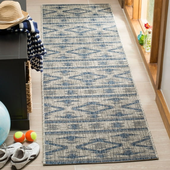 SAFAVIEH Courtyard April Southwestern Indoor/Outdoor Runner, 2' x 8', Grey/Navy