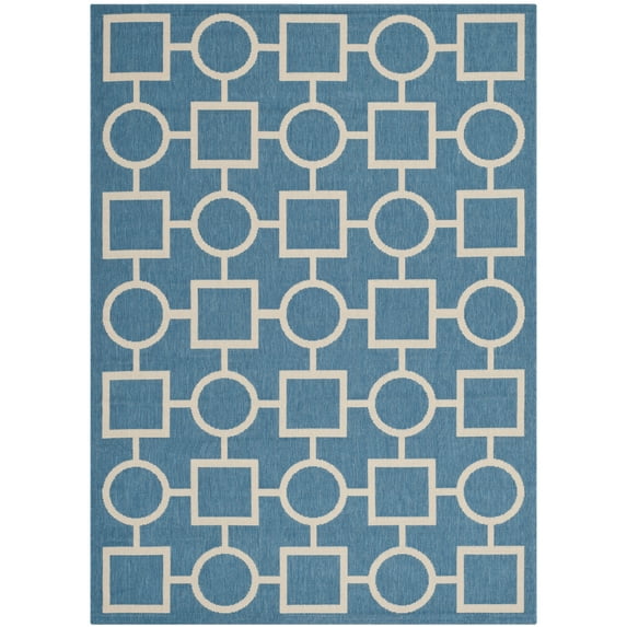 SAFAVIEH Courtyard Archimedes Geometric Circle Indoor/Outdoor Area Rug, 4' x 5'7", Blue/Beige
