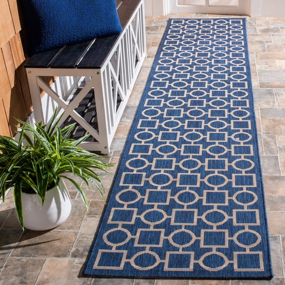Safavieh Courtyard Archimedes Geometric Indoor/Outdoor Runner Rug, Navy/Beige, 2'3" x 6'7"