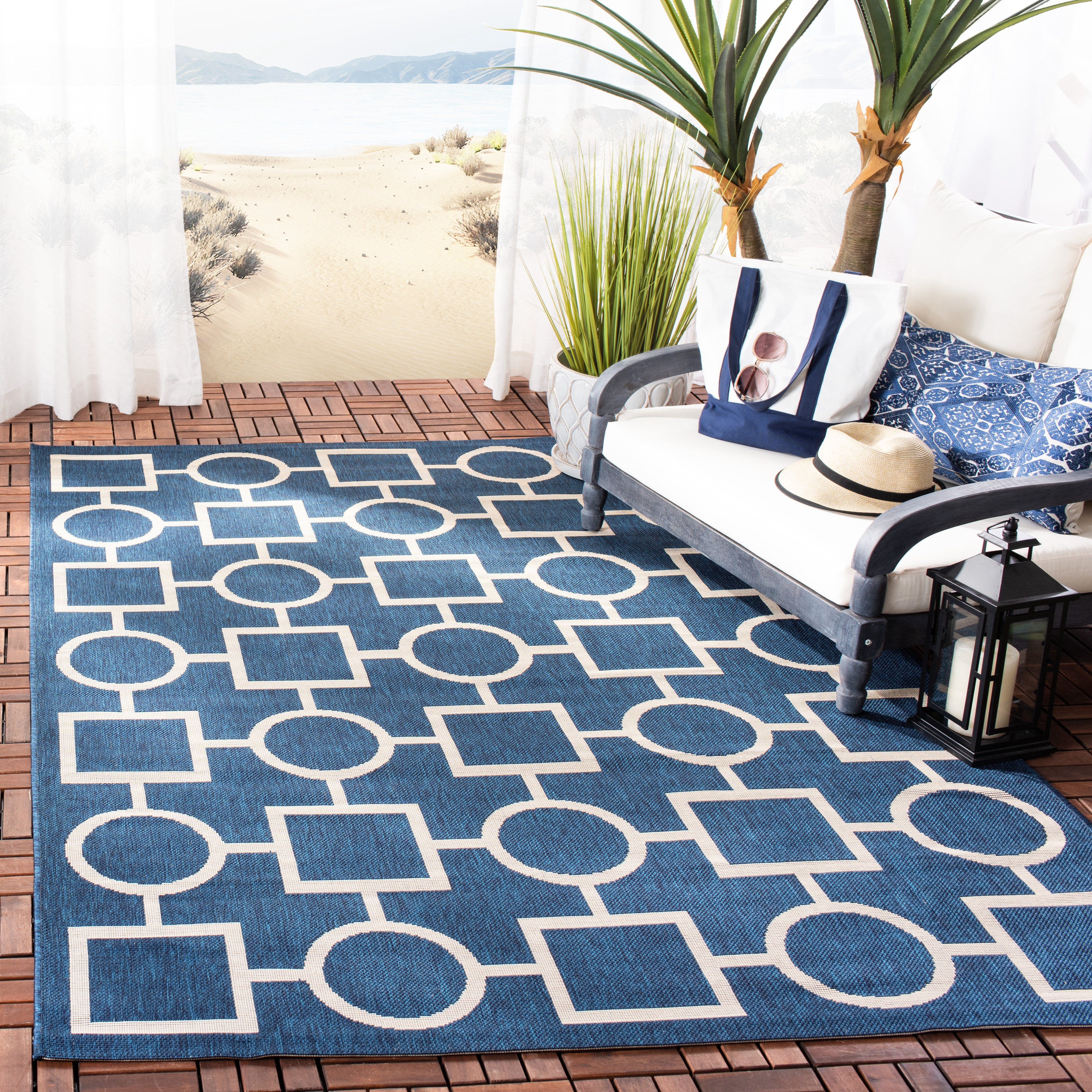 Safavieh Courtyard Archimedes Geometric Indoor/Outdoor Area Rug, Navy/Beige, 6'7" x 9'6"