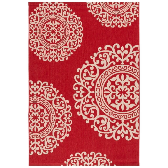 SAFAVIEH Courtyard Arda Geometric Indoor/Outdoor Area Rug, Red/Beige, 5'1" x 7'6"