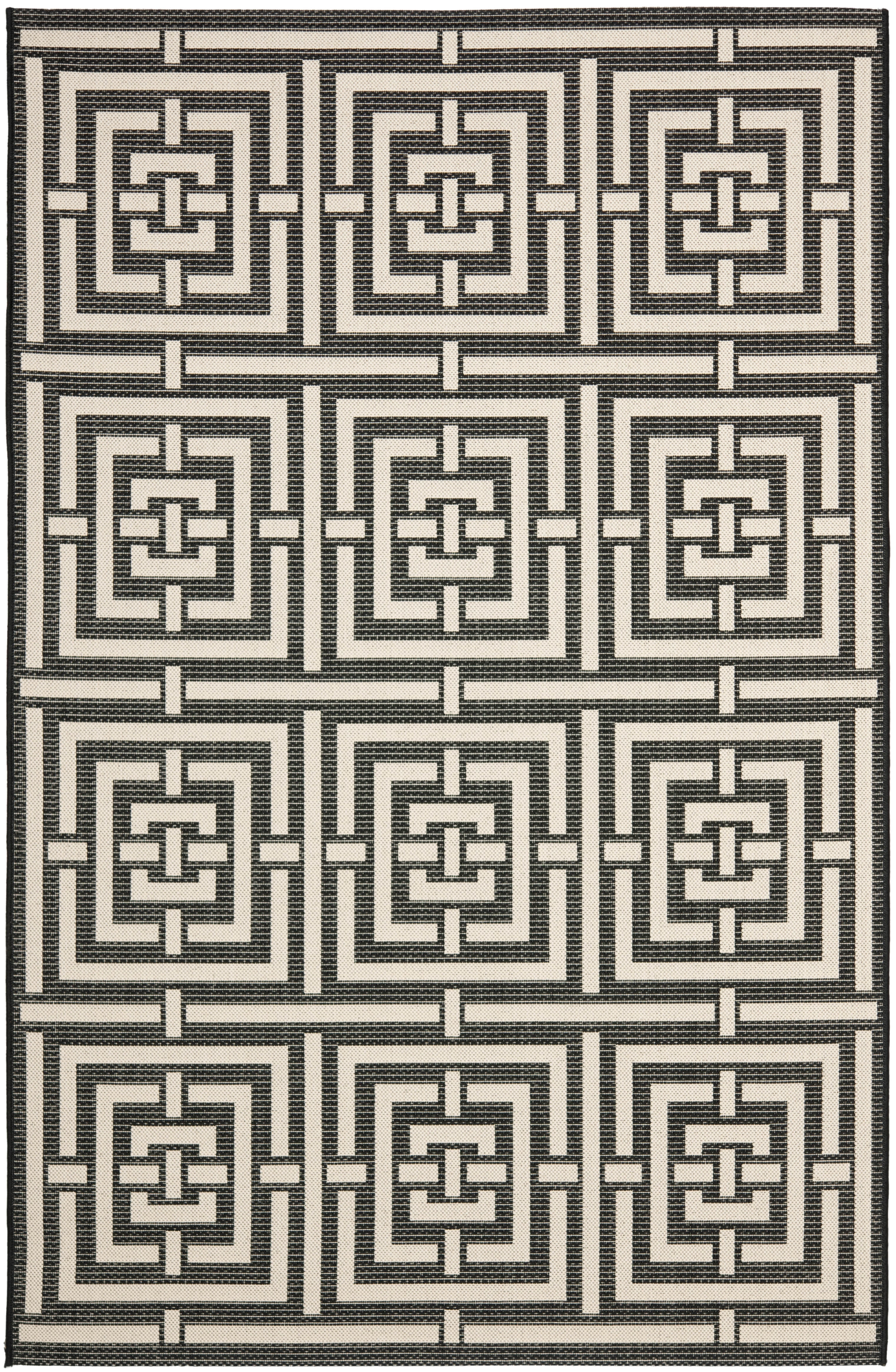 Black and Bone Geometric Outdoor Area Rug, 5'3" x 7'7"
