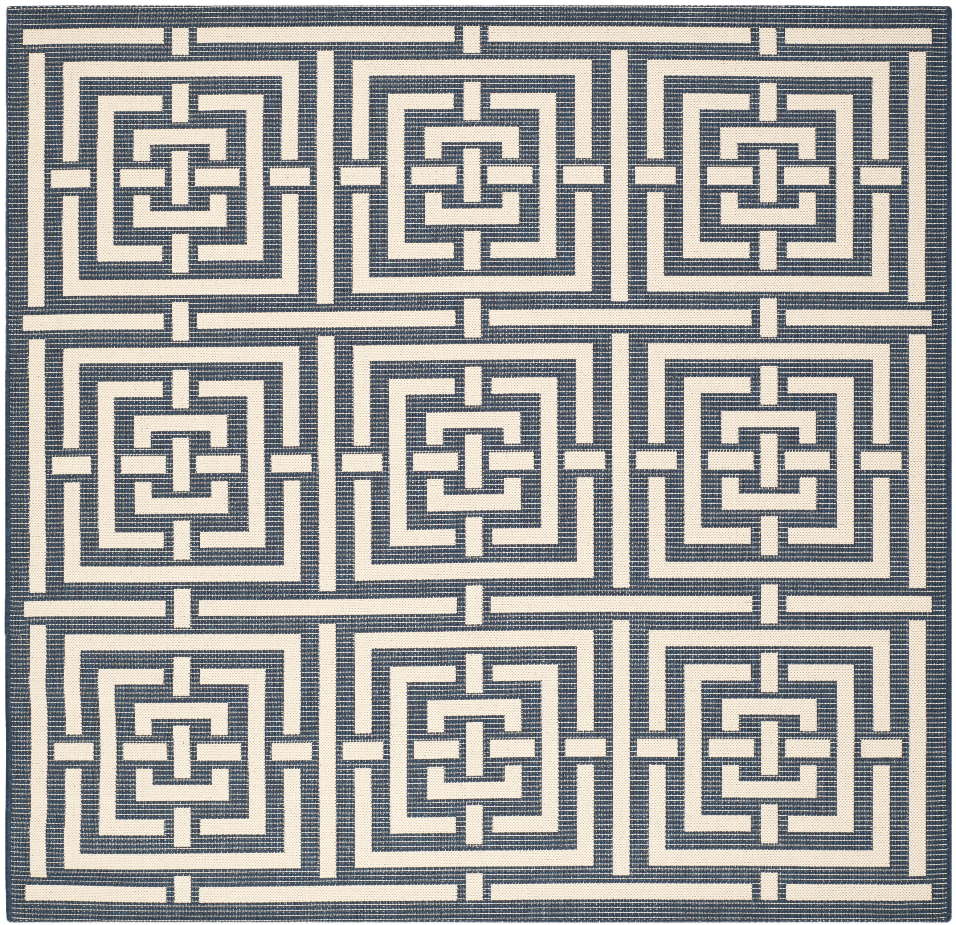 Navy and Beige Geometric Square Indoor/Outdoor Rug