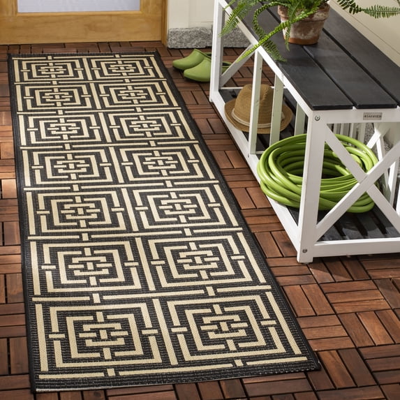 Safavieh Courtyard Ariana Geometric Indoor/Outdoor Runner Rug, Black/Bone, 2'3" x 10'