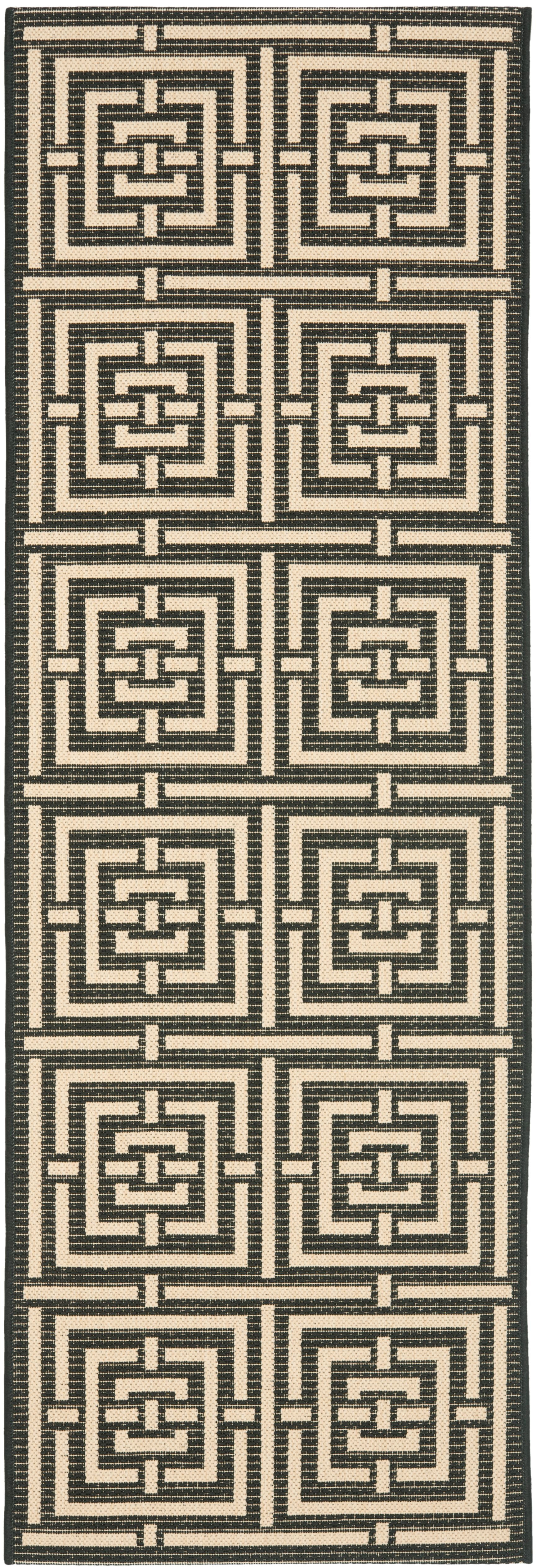 Black and Bone Geometric Synthetic Outdoor Runner Rug