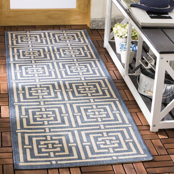 Safavieh Courtyard Ariana Geometric Indoor/Outdoor Runner Rug, Blue/Bone, 2'3" x 8'