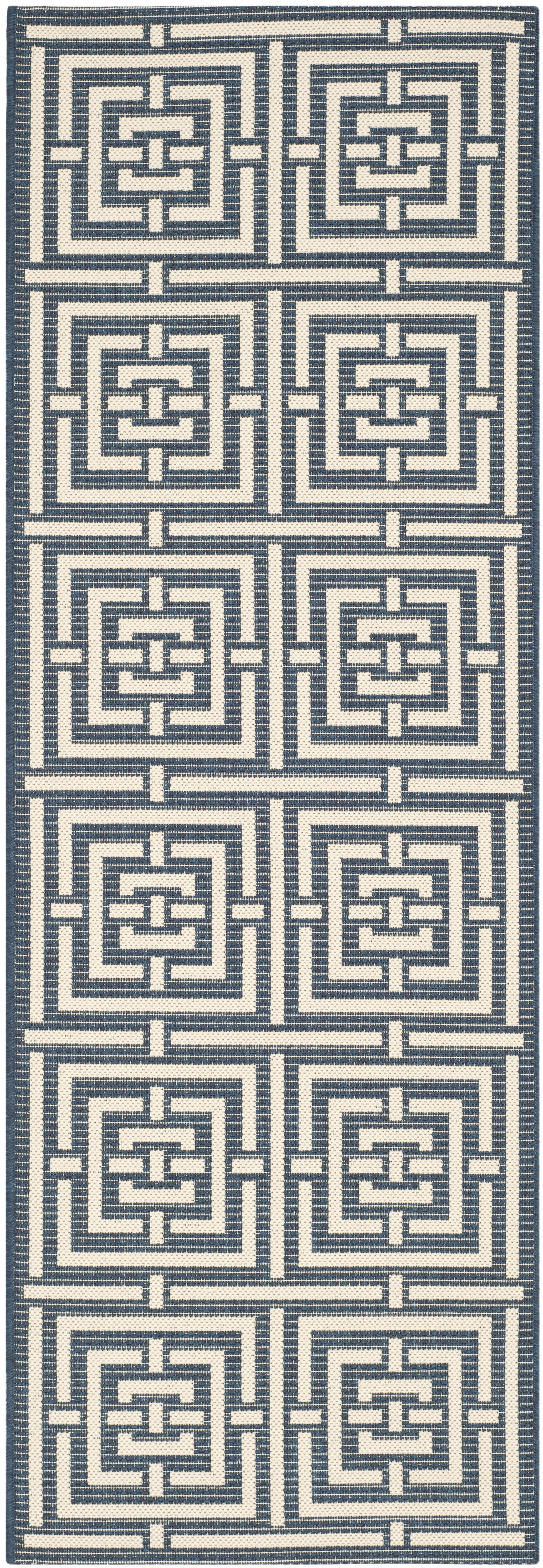 Navy and Beige Geometric Synthetic Indoor/Outdoor Runner Rug