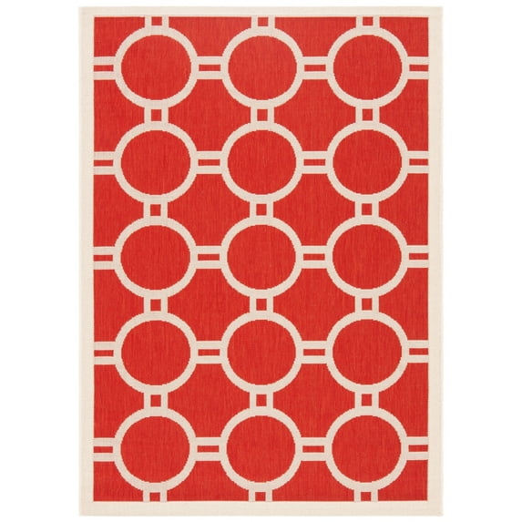 SAFAVIEH Courtyard Ariel Geometric Circle Indoor/Outdoor Area Rug, 4' x 5'7", Red/Bone