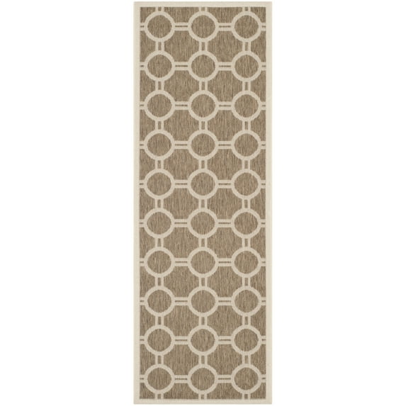SAFAVIEH Courtyard Ariel Geometric Circle Indoor/Outdoor Runner Rug, 2'3" x 6'7", Brown/Bone