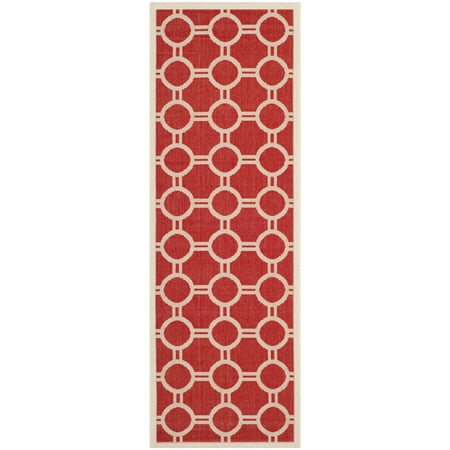 SAFAVIEH Courtyard Ariel Geometric Circle Indoor/Outdoor Runner Rug, 2'3" x 6'7", Red/Bone