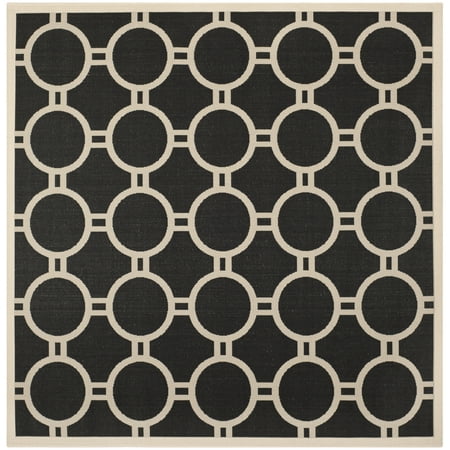 SAFAVIEH Courtyard Ariel Geometric Circle Indoor/Outdoor Area Rug, 7'10" x 7'10" Square, Black/Beige