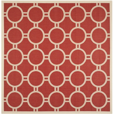SAFAVIEH Courtyard Ariel Geometric Circle Indoor/Outdoor Area Rug, 7'10" x 7'10" Square, Red/Bone