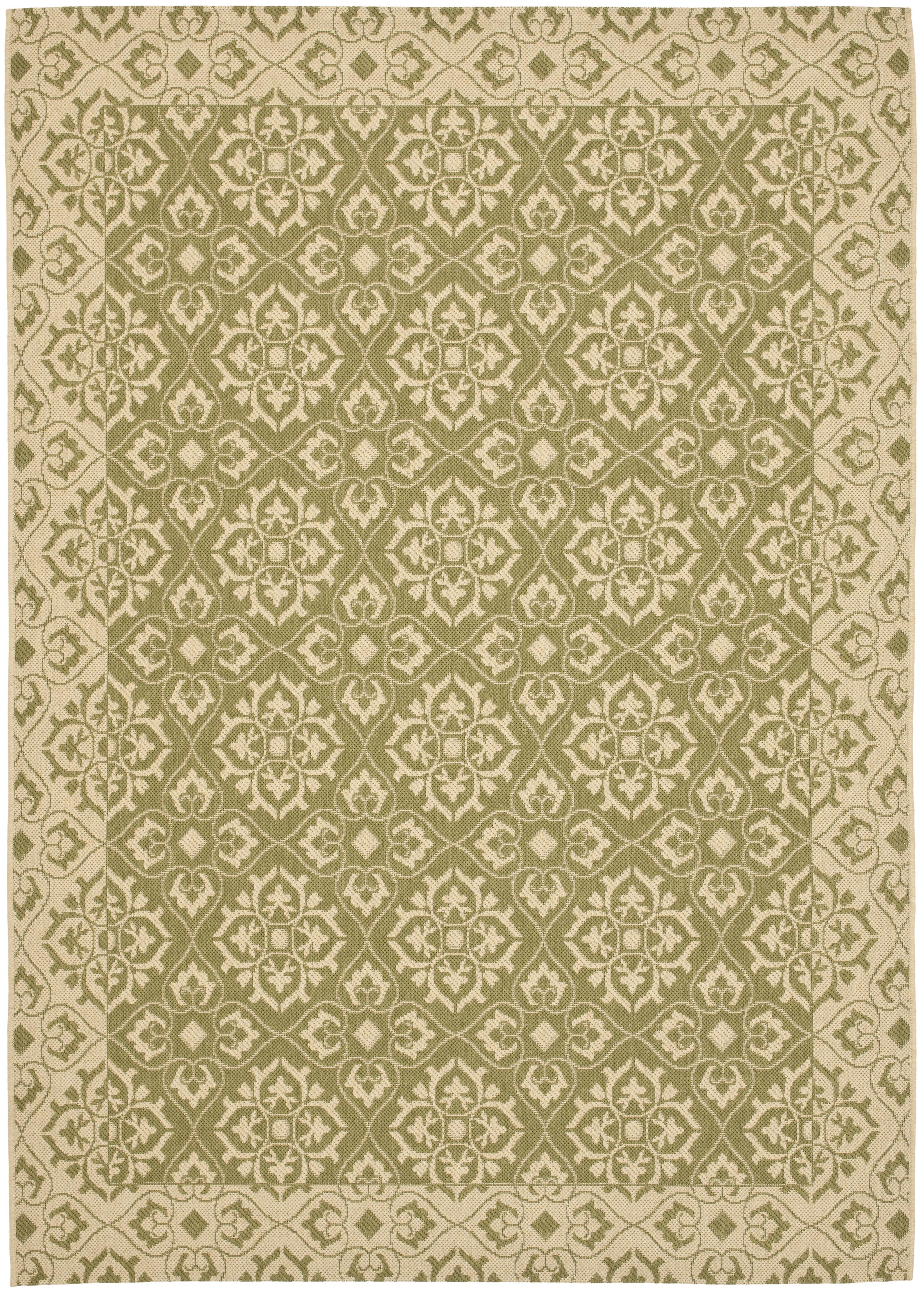 Green and Cream Floral Motif Rectangular Outdoor Area Rug