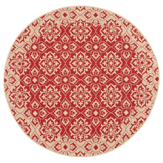 SAFAVIEH Courtyard Austin Geometric Indoor/Outdoor Area Rug, 7'10" x 7'10" Round, Red/Cream