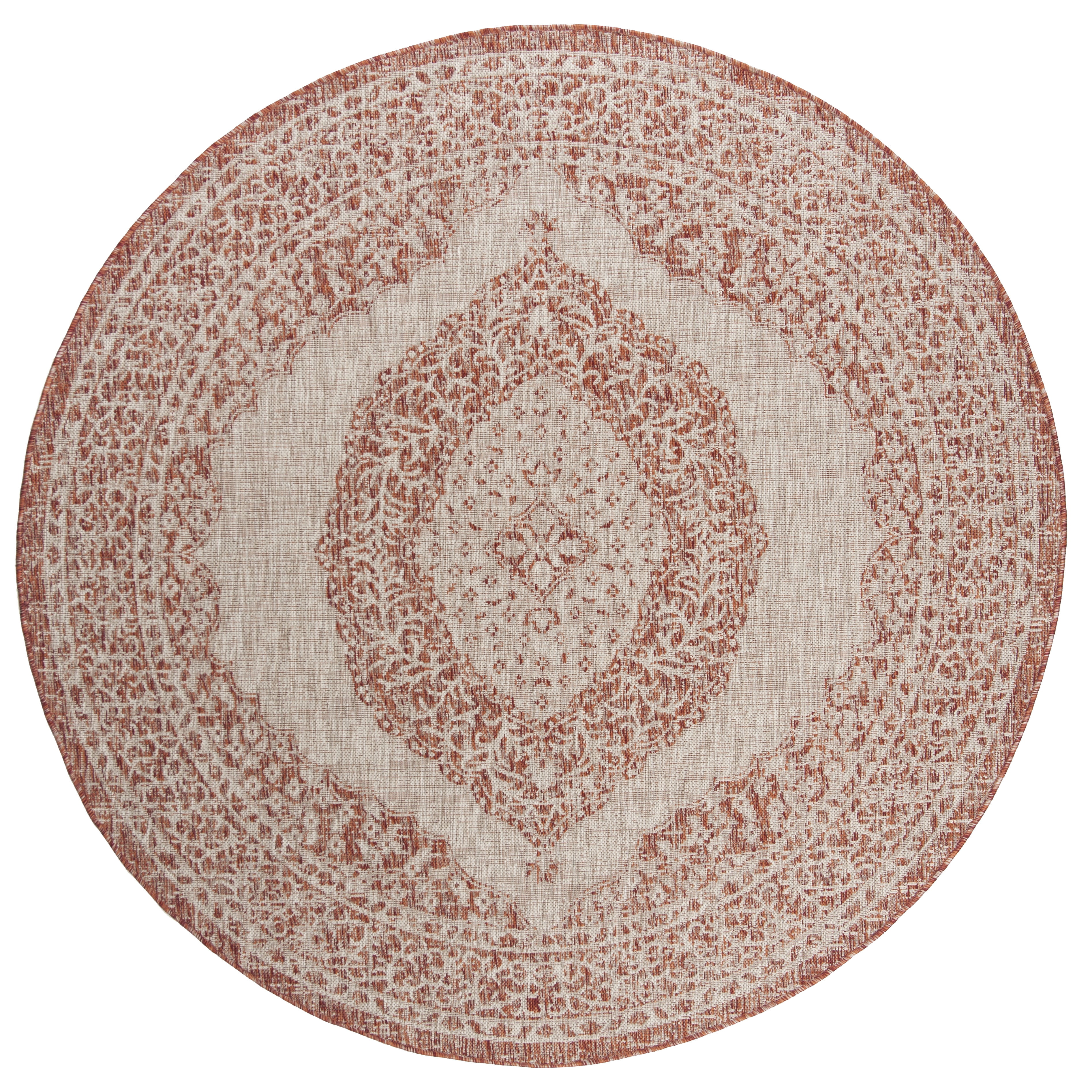 SAFAVIEH Courtyard Avi Medallion Indoor/Outdoor Area Rug, Light Beige/Terracotta, 5'3" x 5'3" Round