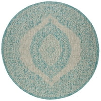 SAFAVIEH Courtyard Avi Medallion Indoor/Outdoor Area Rug, Light Grey/Aqua, 4' x 4' Round