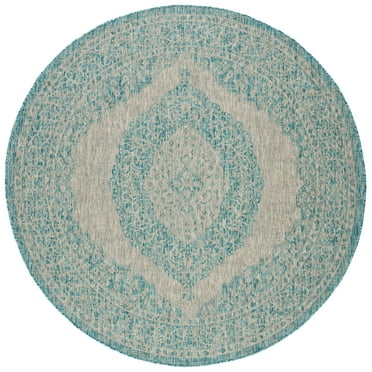 SAFAVIEH Courtyard Avi Medallion Indoor/Outdoor Area Rug, Light Grey/Aqua, 4' x 4' Round