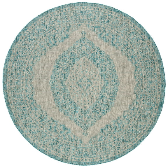 SAFAVIEH Courtyard Avi Medallion Indoor/Outdoor Area Rug, Light Grey/Aqua, 4' x 4' Round