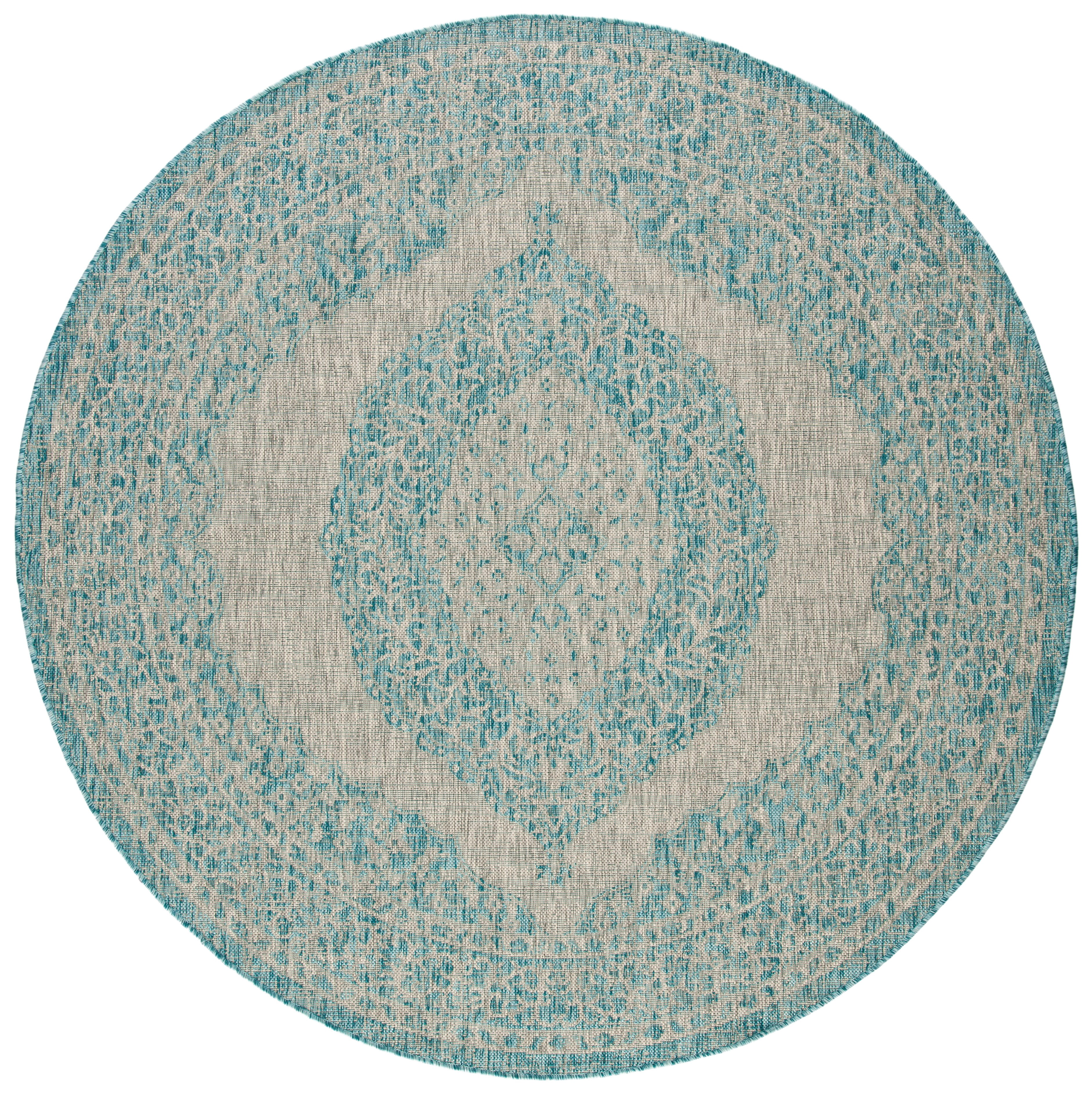 SAFAVIEH Courtyard Avi Medallion Indoor/Outdoor Area Rug, Light Grey/Aqua, 4' x 4' Round
