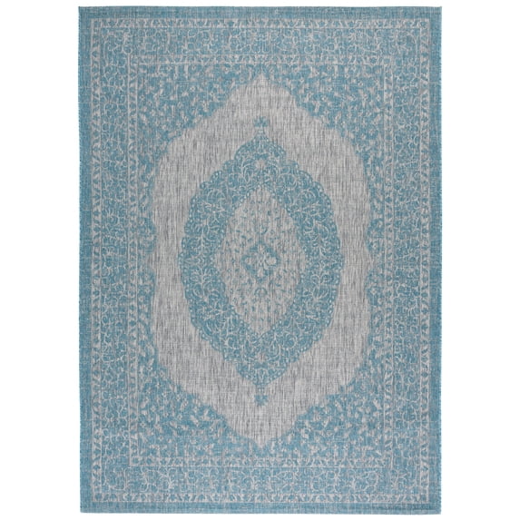 SAFAVIEH Courtyard Avi Medallion Indoor/Outdoor Area Rug, Light Grey/Aqua, 9' x 12'