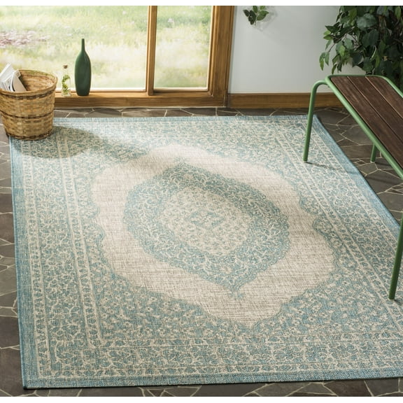 SAFAVIEH Courtyard Avi Medallion Indoor/Outdoor Area Rug, Light Grey/Aqua, 9' x 12'