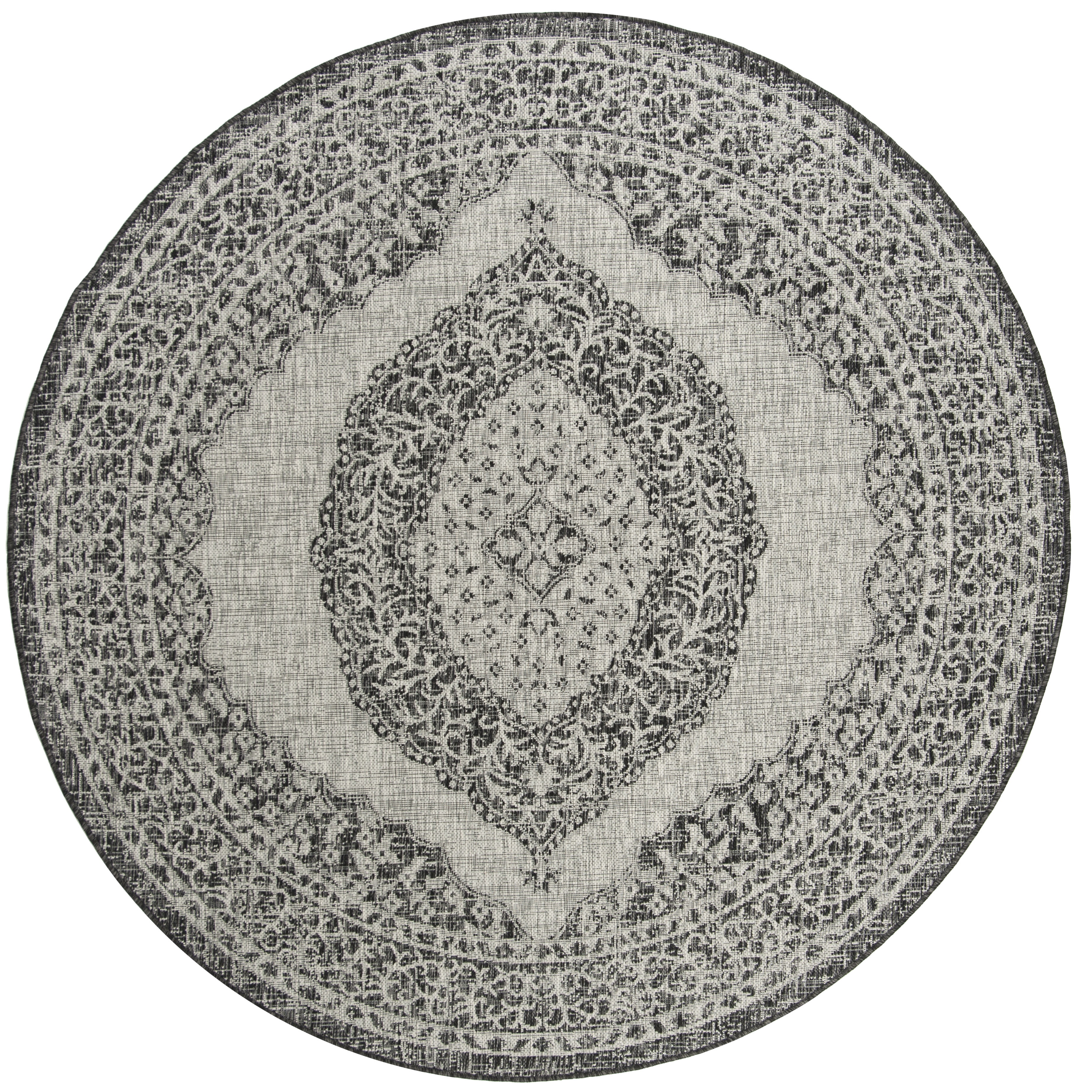 SAFAVIEH Courtyard Avi Medallion Indoor/Outdoor Area Rug, Light Grey/Black, 6'7" x 6'7" Round