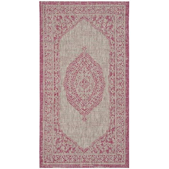 SAFAVIEH Courtyard Avi Medallion Indoor/Outdoor Area Rug, Light Grey/Fuchsia, 2' x 3'7"