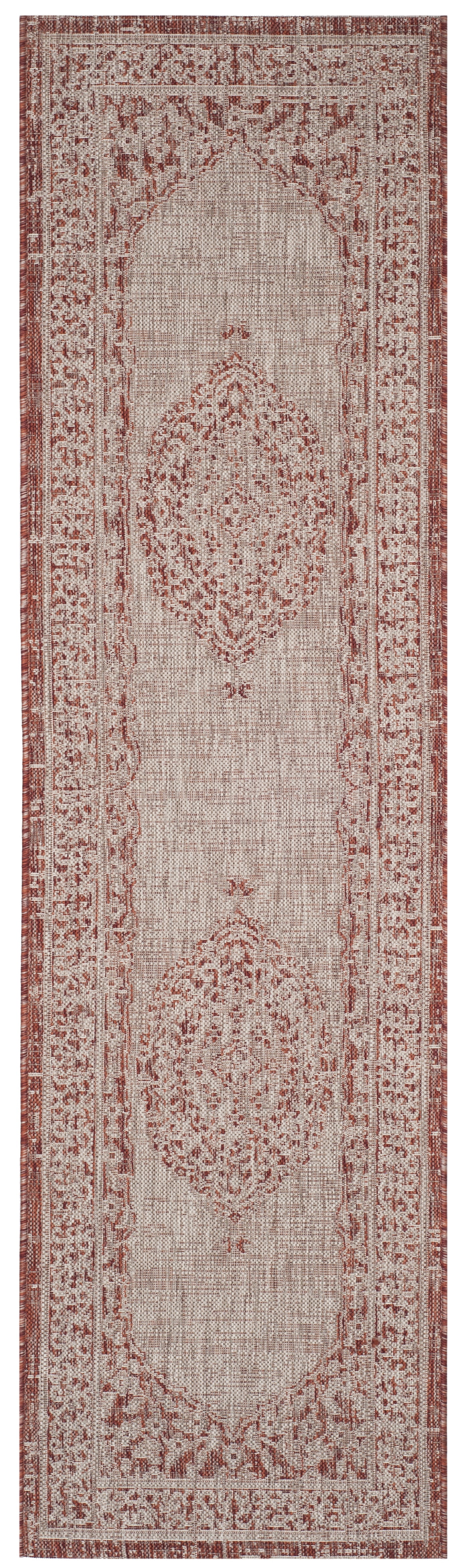 SAFAVIEH Courtyard Avi Medallion Indoor/Outdoor Runner Rug, Light Beige/Terracotta, 2'3" x 10'