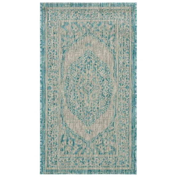 SAFAVIEH Courtyard Avi Medallion Indoor/Outdoor Runner Rug, Light Grey/Aqua, 2'3" x 12'
