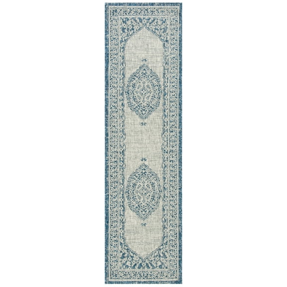 SAFAVIEH Courtyard Avi Medallion Indoor/Outdoor Runner Rug, Light Grey/Blue, 2'3" x 10'