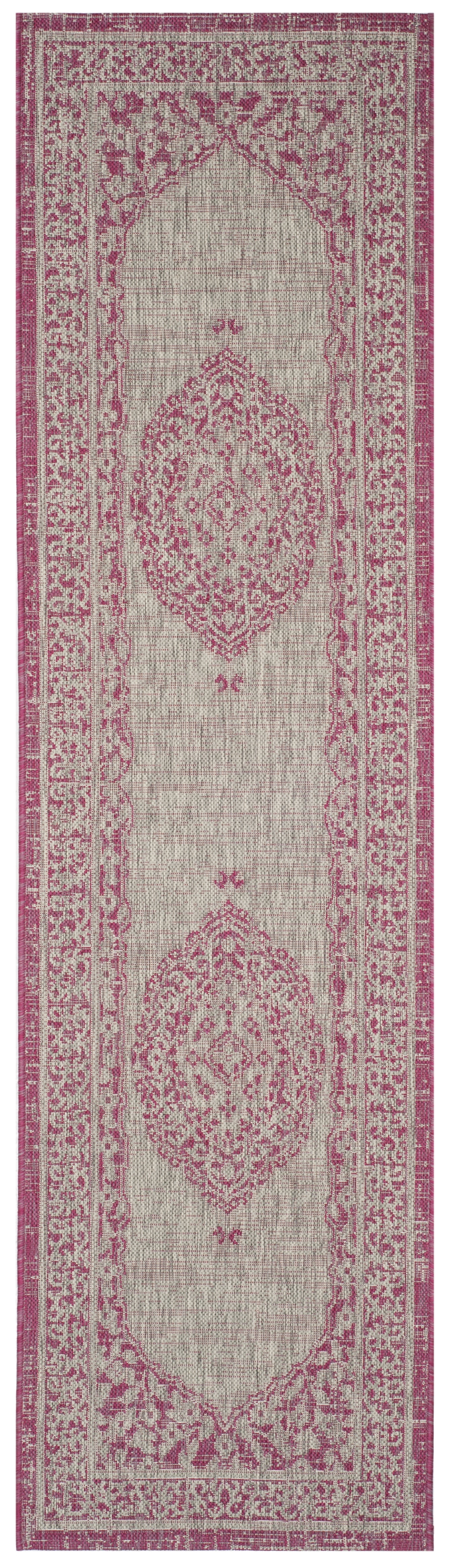SAFAVIEH Courtyard Avi Medallion Indoor/Outdoor Runner Rug, Light Grey/Fuchsia, 2'3" x 10'