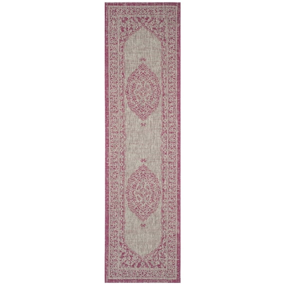 SAFAVIEH Courtyard Avi Medallion Indoor/Outdoor Runner Rug, Light Grey/Fuchsia, 2'3" x 6'7"